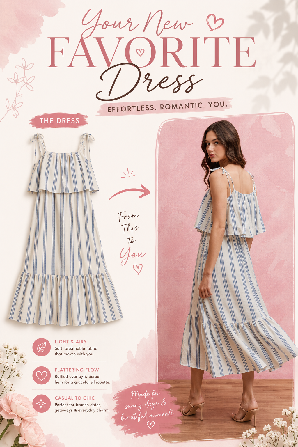 SO ME Stripe Tiered Shoulder Tie Midi Lined Dress